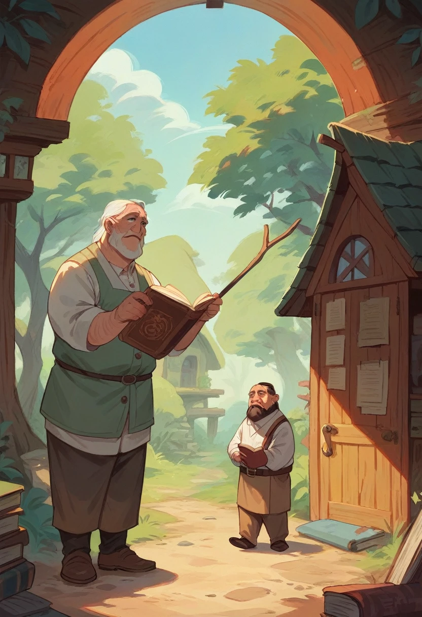 An old, wise man with a long beard, wearing a burner, carrying a stick to lean on, and holding a book in his hand, opens the door of a small hut in which there is a small, old library.