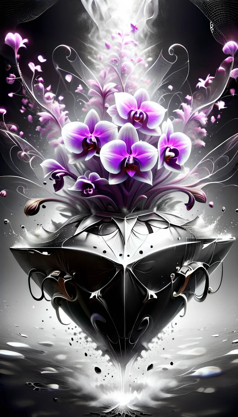 créer le plus époustouflant (Chef-d’œuvre 32k, Meilleure qualité:1.2) image photoréaliste, deux fleurs d'orchidée (au longues tiges enlacées) en verre creux versé avec de l’or liquide à partir de la tige, petals fractales qui se dissolvent dans l'air, détails fractales, fond noir dégradé, diffusion de la lumière réfléchie, organique,bioluminescent, énergie, vivant, Spectaculaire, éthéré, lumière volumétrique, diffusion souterraine, jeu de transparence