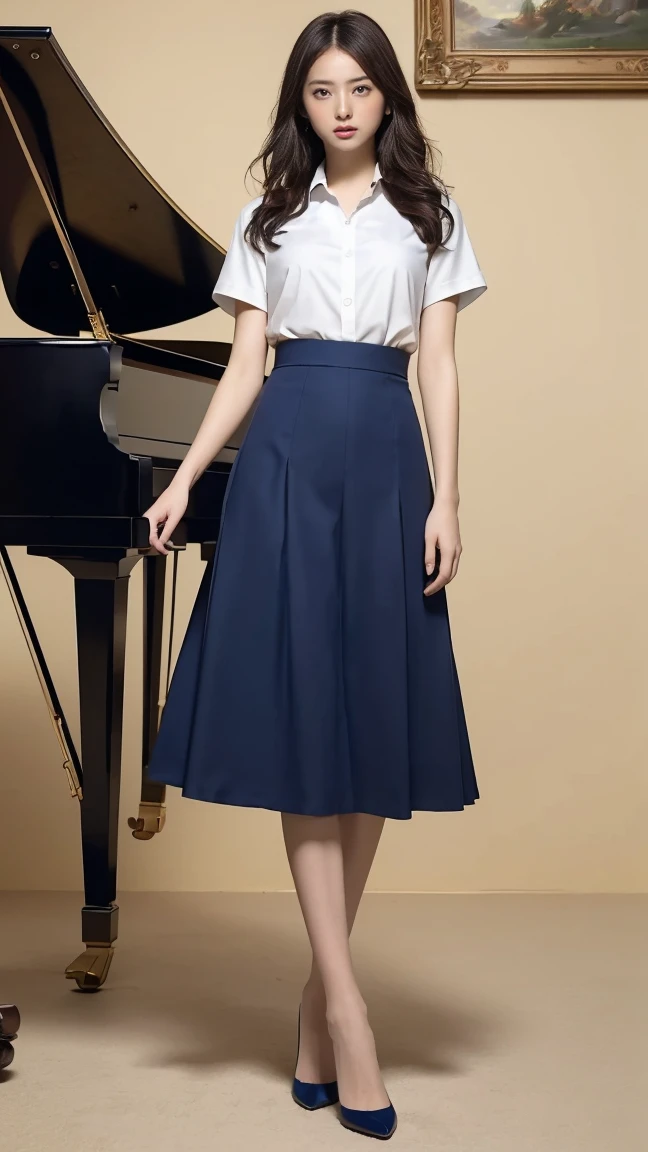 Highest quality,masterpiece,Ultra-high resolution,(Actual:1.4),Original photo,Ultra-high resolution，8k，1 woman，Fair skin、White short sleeve shirt，Navy Blue Skirt、High heels，Long legs:1.5，Bright and beautiful，high waist，Flashy makeup，Inside the music room with the grand piano。