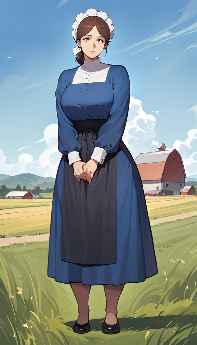 adult amish woman, 40 years old, pale skin, long sleeved blue dress, small black apron over her blue dress, full body shown, very short brown hair in a conservative sleek bun, white bonnet kapp, wide hips, thick thighs, wearing simple black flats, thick legs, slightly below the knee dress, slight face wrinkles, tight sleeves, standing upright in a farm field, no makeup, round face, hands on lap, aged face, busty