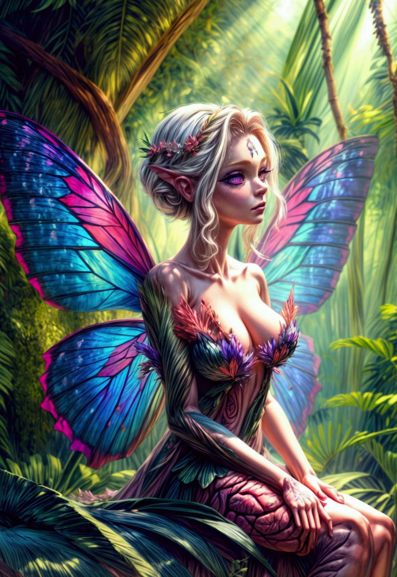 a picture of a jungle fairy, an extraordinary beautiful, elegant beauty, divine beautiful fairy, ((anatomically correct: 1.5)) spread butterfly wings, blue and purple wings, pink eyes, glowing eyes, (ultra detailed face: 1.2), best detailed face,  blond hair, rich hair, wavy hair, glamour dress, wild dress, dress decorated with jungle flowers,  sitting on massive heliconia tree the rain forest, sun rays coming through the trees, Hyperrealism style, vibrant, Ultra-high resolution, High Contrast, (masterpiece:1.5), highest quality, Best aesthetics), best details, best quality, highres, ultra wide angle, 16k, [ultra detailed], masterpiece, best quality, (extremely detailed) RAW, chumbasket art style, FairyTaleAI, fairy wings, 