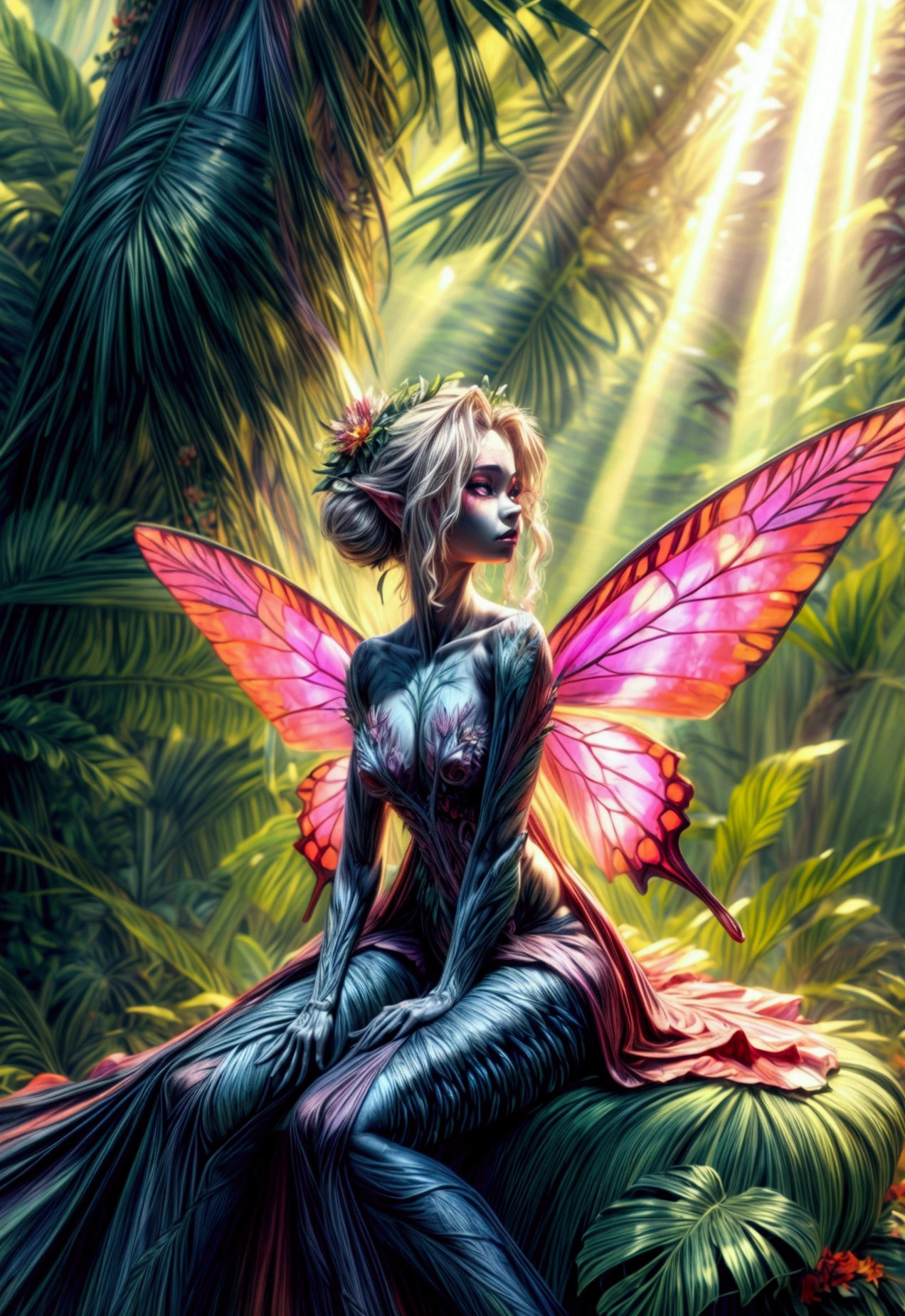 a picture of a jungle fairy, an extraordinary beautiful, elegant beauty, divine beautiful fairy, ((anatomically correct: 1.5)) spread butterfly wings, blue and purple wings, pink eyes, glowing eyes, (ultra detailed face: 1.2), best detailed face,  blond hair, rich hair, wavy hair, glamour dress, wild dress, dress decorated with jungle flowers,  sitting on massive heliconia tree the rain forest, sun rays coming through the trees, Hyperrealism style, vibrant, Ultra-high resolution, High Contrast, (masterpiece:1.5), highest quality, Best aesthetics), best details, best quality, highres, ultra wide angle, 16k, [ultra detailed], masterpiece, best quality, (extremely detailed) RAW, chumbasket art style, FairyTaleAI, fairy wings, 