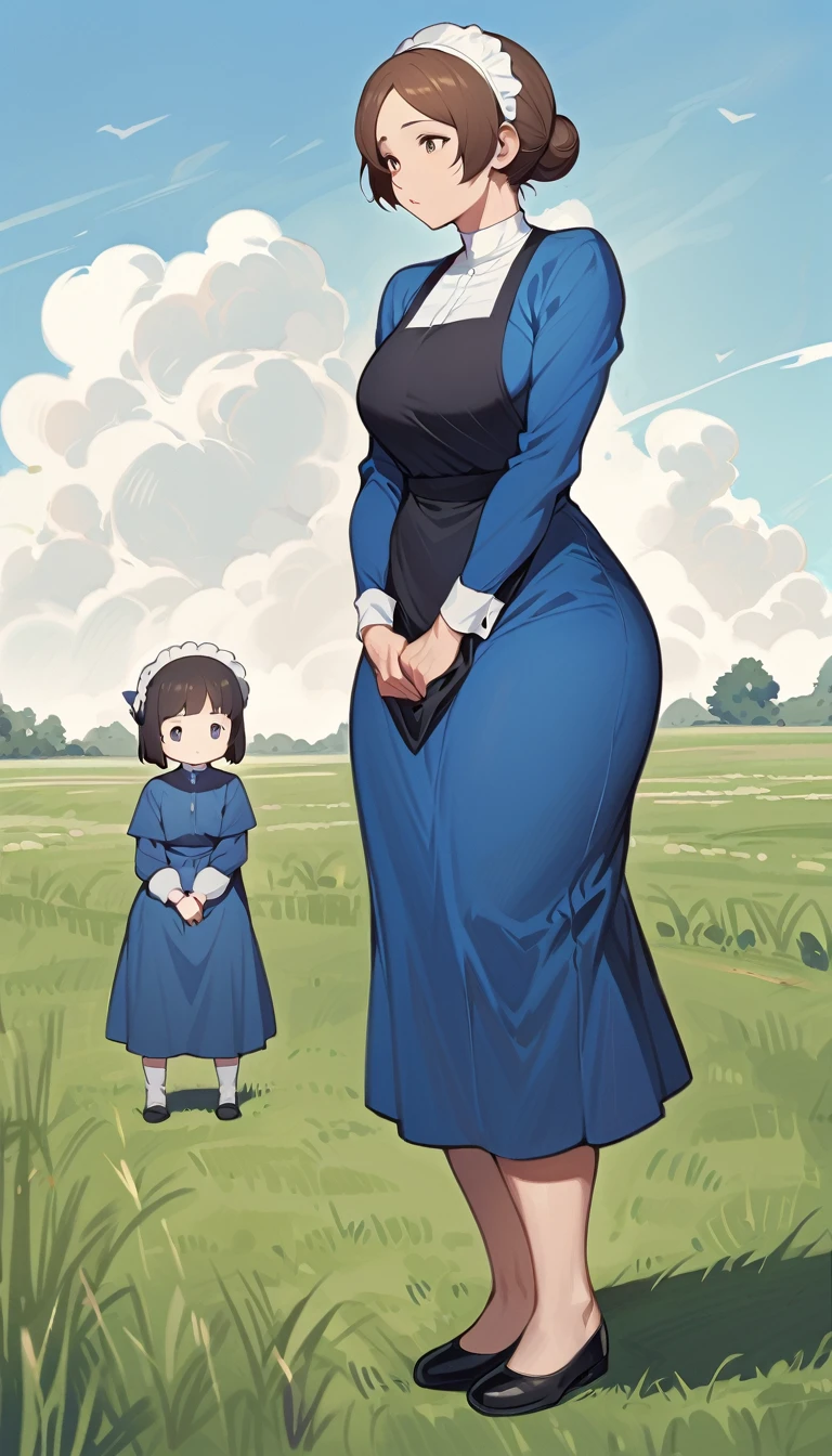 adult amish woman, 40 years old, pale skin, long sleeved blue dress, small black apron over her  blue dress, full body shown, very short brown hair in a conservative sleek bun, white bonnet kapp, wide hips, thick thighs, wearing simple black flats, thick legs, slightly below the knee dress, slight face wrinkles, tight sleeves, standing upright in a farm field, no makeup, round face, hands on lap, side view, aged face, busty, full and around butt