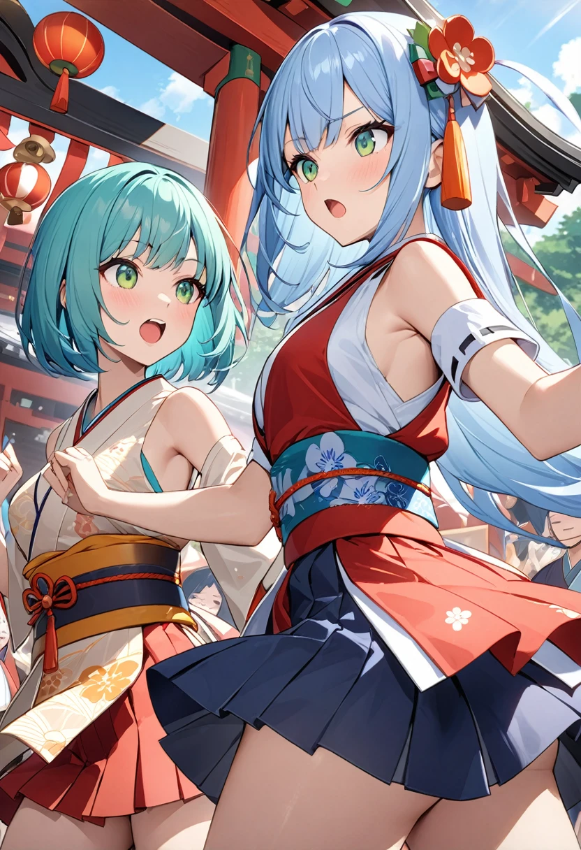 Highest quality、Light blue hair、Short Bob、Deep green eyes、Small breasts、Japanese summer festival costumeikoshi (portable shrine)、Music battle with a long-haired woman