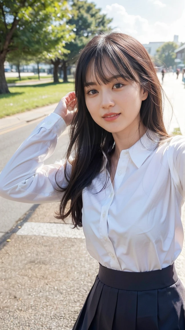 One Girl、Beautiful and detailed eyes and face、barefoot、Cute 16 year old Japanese girl, ((Extremely precise and accurate anatomy:1.0)), (photo Realistic:1.4), (hyper Realistic:1.4), (最高品質のRealisticな肌の質感:1.4), (Improvement of quality:1.4), (Enhances the beauty of skin texture:1.1), Clean and glowing skin, mesh, thin:1.2, (Realistic:1.3), Realisticなライティング, (Smoother lighting:1.05), (Improving the quality of cinema lighting:0.9), Backlight, A gentle light on your face, Ray Tracing, (Bright light:1.2), 32K, One Japanese woman, fine grain, Detailed face, (Film Grain:1.1),(Accentuates body lines:1.1), High resolution, Natural look, Kind eyes, Improves hair quality, Delicate light and shadow, Transparent muscles, Graceful pose, Beautiful Eyes, Sharp details, Soft light reflection, Beautiful contours, Delicate skin tone, Fine hair texture, Natural background, (((sunny day、School zone、A strong wind is blowing、Her hair and skirt are flying、 Open shirt、Pleated skirt、stroll:1.25、Light of the sun、Clear skies、stage、Blue sky and white clouds、The joys of youth)))、