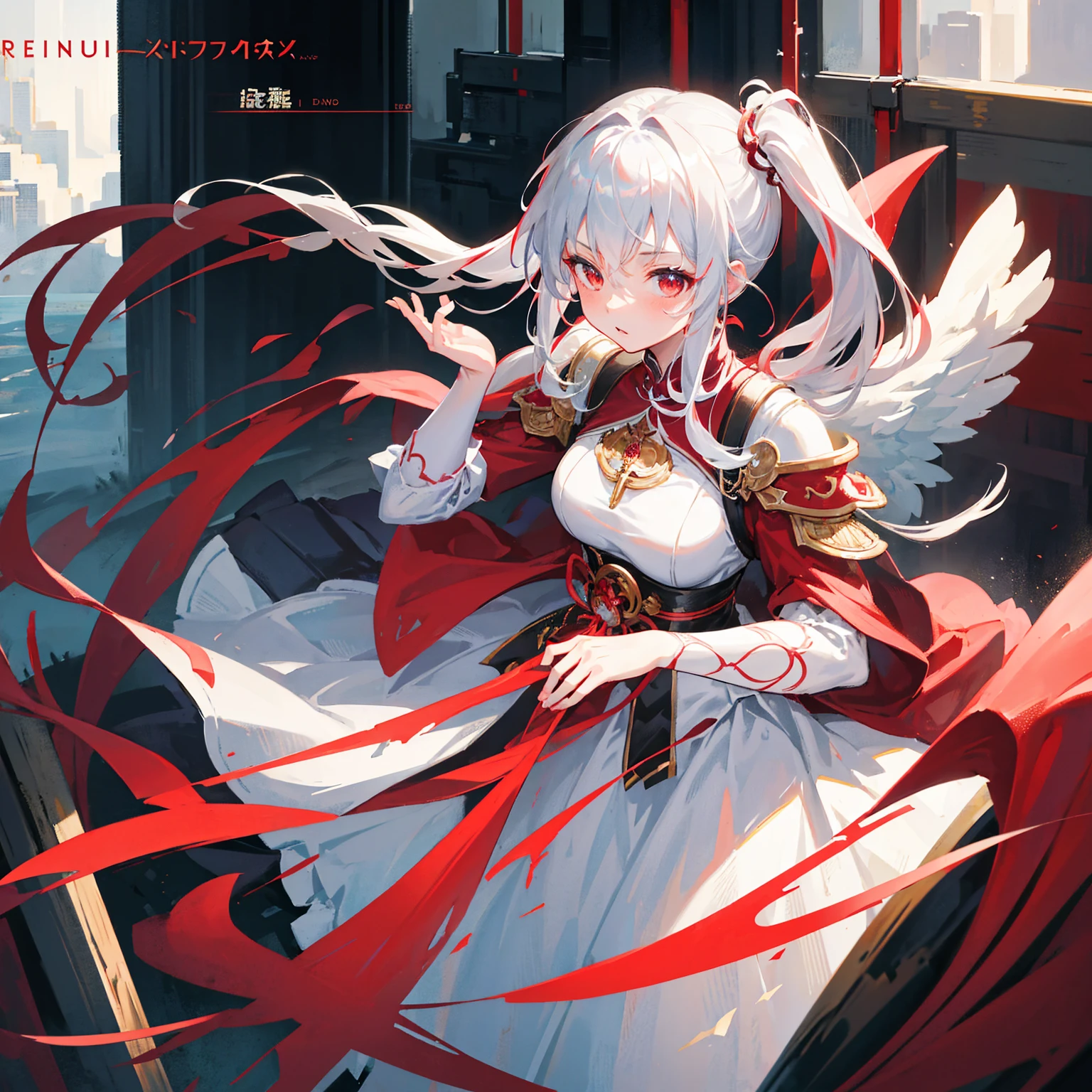 Wearing a red and white dress、anime girl holding sword, Highly detailed official artwork, Epic Light Novel Cover Art, epic Light novel cover art, Silver and red armor, guweiz on pixiv artstation, Anime style 4k, Detailed key animation art, Light novel cover art, Anime Fantasy Artwork,White hair and red eyes,Side Ponytail,Waist-length hair,1 Girl,Portraiture