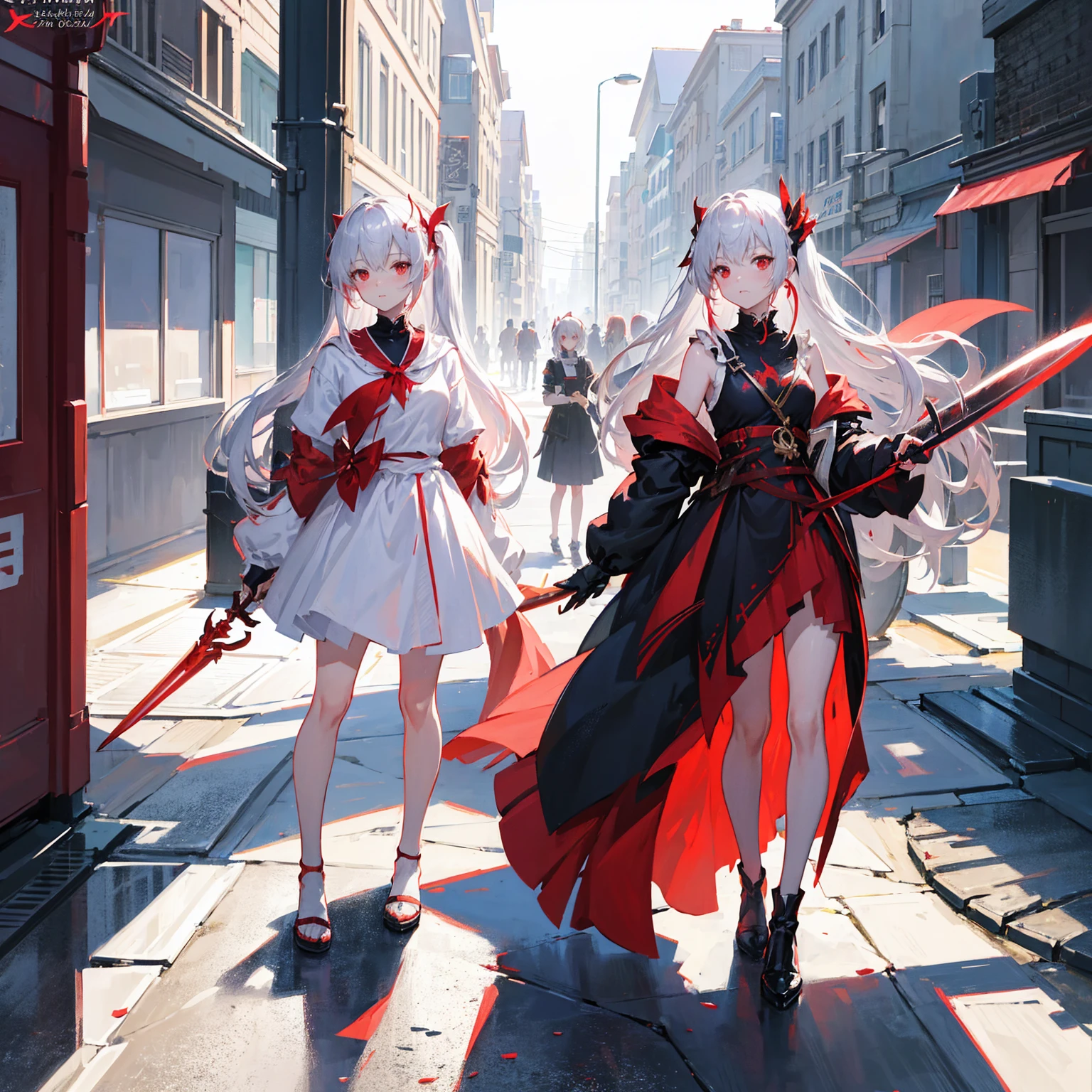 Wearing a red and white dress、anime girl holding sword, Highly detailed official artwork, Epic Light Novel Cover Art, epic Light novel cover art, Silver and red armor, guweiz on pixiv artstation, Anime style 4k, Detailed key animation art, Light novel cover art, Anime Fantasy Artwork，White hair and red eyes，Side Ponytail，Waist-length hair，1 Girl，Portraiture