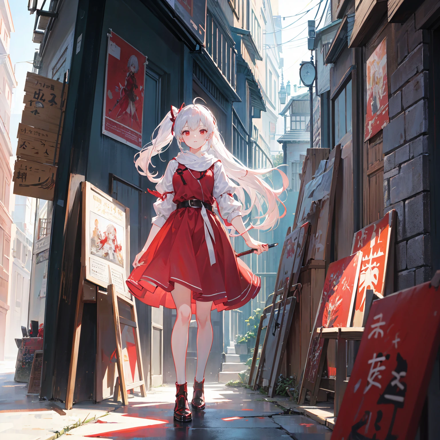 Wearing a red and white dress、anime girl holding sword, Highly detailed official artwork, Epic Light Novel Cover Art, epic Light novel cover art, Silver and red armor, guweiz on pixiv artstation, Anime style 4k, Detailed key animation art, Light novel cover art, Anime Fantasy Artwork,White hair and red eyes,Side Ponytail,Waist-length hair,1 Girl,Portraiture