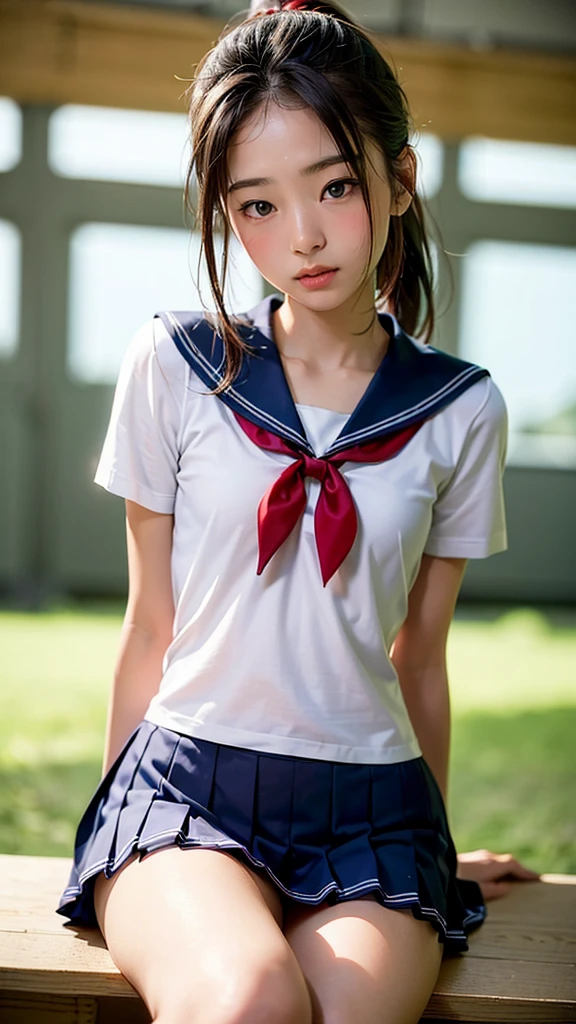 ((((((16 years old))))))、Aya Ueto : 1.4、(((A charming face)))、Young face、(((beautiful girl)))、(((A beautiful woman)))、Beautiful woman、Cute woman、((Innocent face))、((Ultra-detailed face))、((Detailed lips))、((Detailed eyes))、((double eyelid))、(((Beautiful Face)))、(((Beautiful, well-shaped eyes)))、(((Beautiful, well-shaped lips)))、Very Short Hair、ponytail、Pixie cut、BREAK、((((((Wearing school uniform))))))、blazer、((Wearing a dress shirt))、Pleated skirt、(((Red ribbon)))、BREAK、8 heads、(((slender)))、(((Slim body)))、(((Thin body)))、(((Slim woman)))、((Flat Chest:1.4))、BREAK、Photographic quality、Natural light、(フォトRealistic:1.4)、(Highest quality:1.2)、(Ultra-high resolution:1.2)、8k、RAW Photos、Realistic、High Detail、Film Grain、Detail Skin、Symmetrical、Delicate skin、Real human skin、pores、Super detailed、Detailed、(masterpiece : 1.2)、Thin face、Sharp Face、Small Face、Small face、Narrow shoulders、Small shoulders、Small shoulders幅、Slim shoulders、Narrow shoulders幅、Beautiful Japanese Woman、Beautiful Korean Woman、Slim womanモデル、Young Gravure Idol、Realistic young gravure idol、Young Sensual Gravure Idol、Young Pretty Gravure Idol、Japanese Model、Young Gravure Idol、((From the knee up))、(arms behind back:1.0)