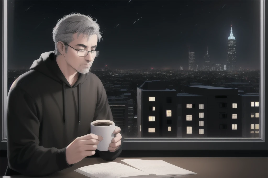 A realistic image of a man with short hair, Gray Hair, Wear glasses, Wearing a black sweatshirt, close your eyes, walk, Teaching Mouth, With nothing in hand, At the office at night, Buildings at night in the scenery seen from the window,Drink coffee,Wolf personification