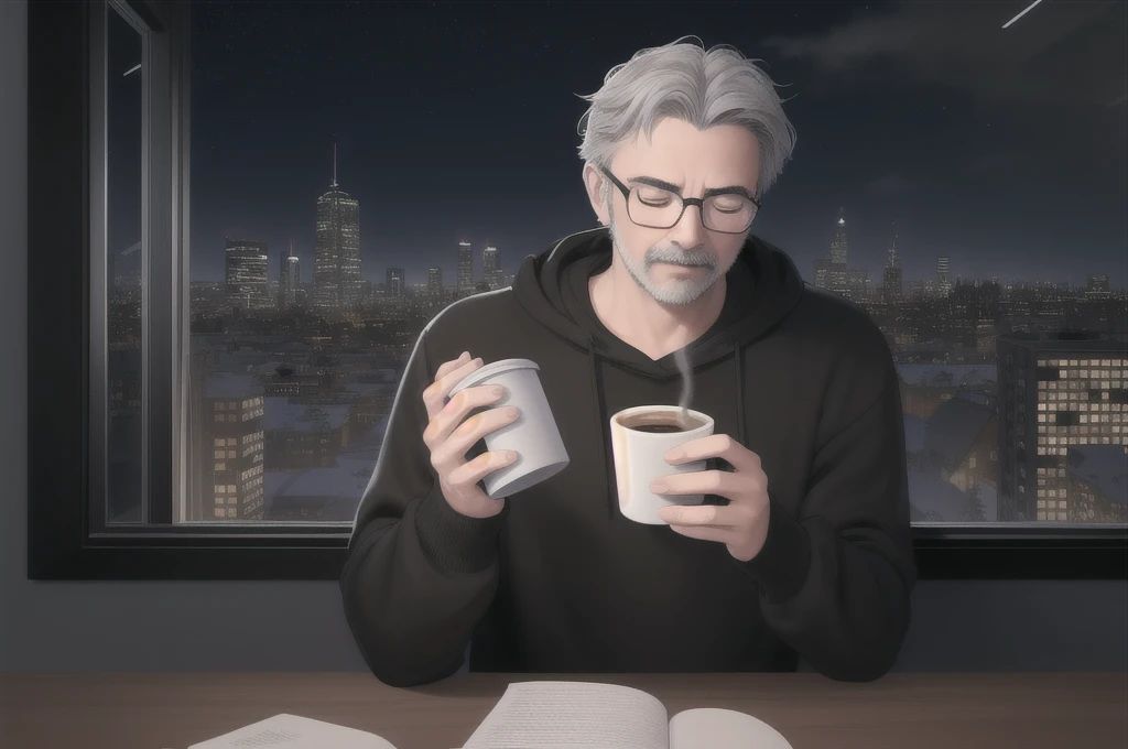 A realistic image of a man with short hair, Gray Hair, Wear glasses, Wearing a black sweatshirt, close your eyes, walk, Teaching Mouth, With nothing in hand, At the office at night, Buildings at night in the scenery seen from the window,Drink coffee,Wolf personification
