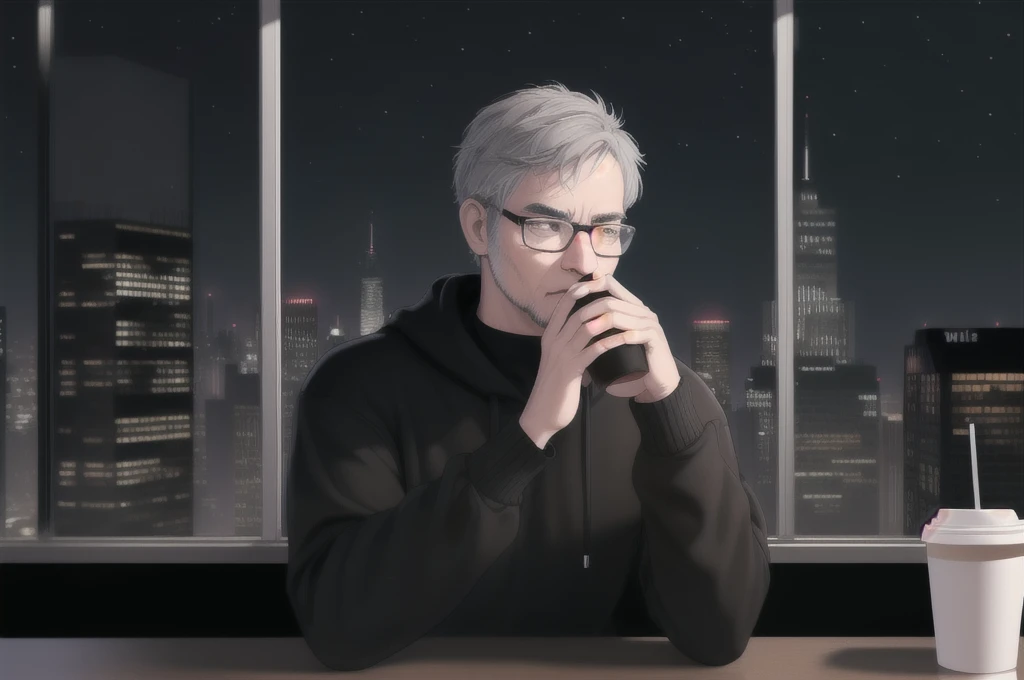 A realistic image of a man with short hair, Gray Hair, Wear glasses, Wearing a black sweatshirt, close your eyes, walk, Teaching Mouth, With nothing in hand, At the office at night, Buildings at night in the scenery seen from the window,Drink coffee,Wolf personification