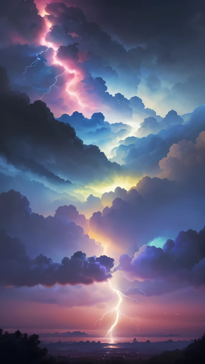 ((best quality)), ((masterpiece)), (detailed), A digital illustration of a rainbow lightning in a dark blue sky with small birds flying in the background