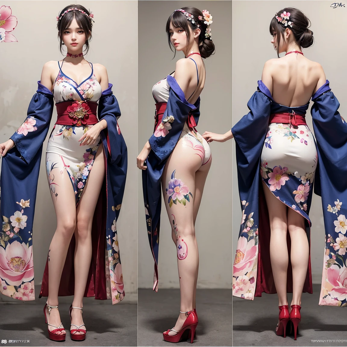 (masterpiece, best quality:1.5), ultra detailed, high resolution, 16k, the most beautiful face in the world, perfect face, delicate facial features, highly detailed beautiful face and eyes, shiny skin, highly detailed background, elaborately designed, fine cloth texture, perfect anatomy, BREAK, (gorgeous and stunning age girl in Japanese clothes:1.2), perfect make-up, deeply in love, full of elegance, (floral pattern body paint:1.4), (full body:1.5), (three view drawing, front and back and side, character sheet:1.3)