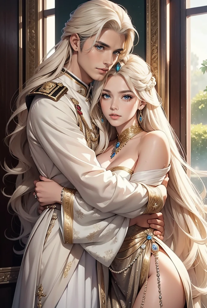 Tall, handsome, statuesque, courageous, adult man - golden-haired blond, tsar, ancient military uniform, armor, short curly golden hair, blue eyes, hugs an incredibly beautiful young femme fatale, she is the princess of Mars, she is wearing a thin silk scarlet dress, emphasizes her ideal figure, long straight black hair, gathered in a a beautiful hairstyle decorated with rubies, beautiful antique jewelry. They're in love.