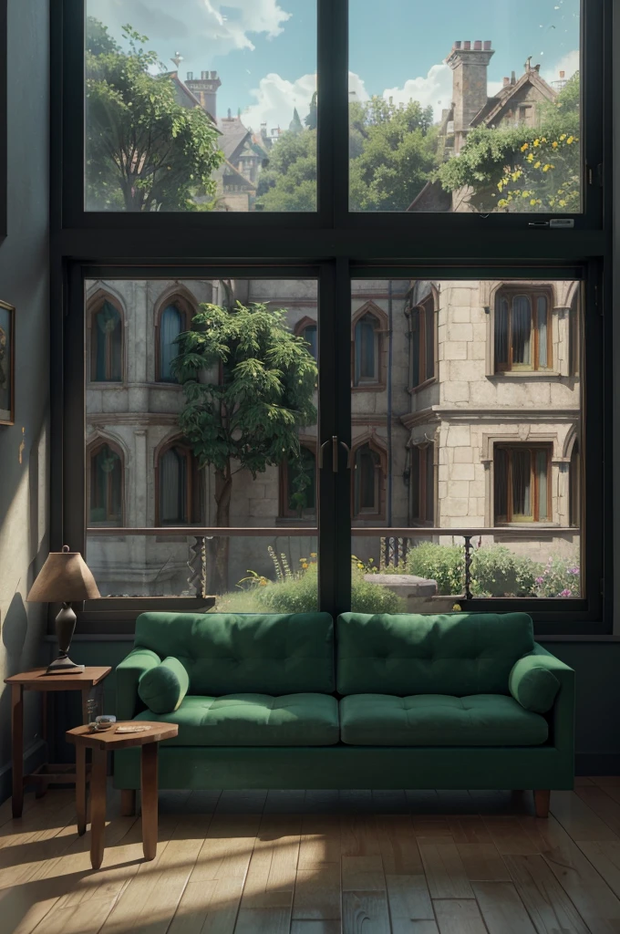 arafed view of a window with a green couch and a table, 3d rendered matte painting, highly detailed matte painting, beautiful render of a fairytale, ultrarealistic matte painting, realistic fantasy render, unreal engine ; romantic theme, 8k high quality detailed art, relaxing concept art, photorealistic matte painting, fantasy style 8 k octane render, matte painting in fantasy style