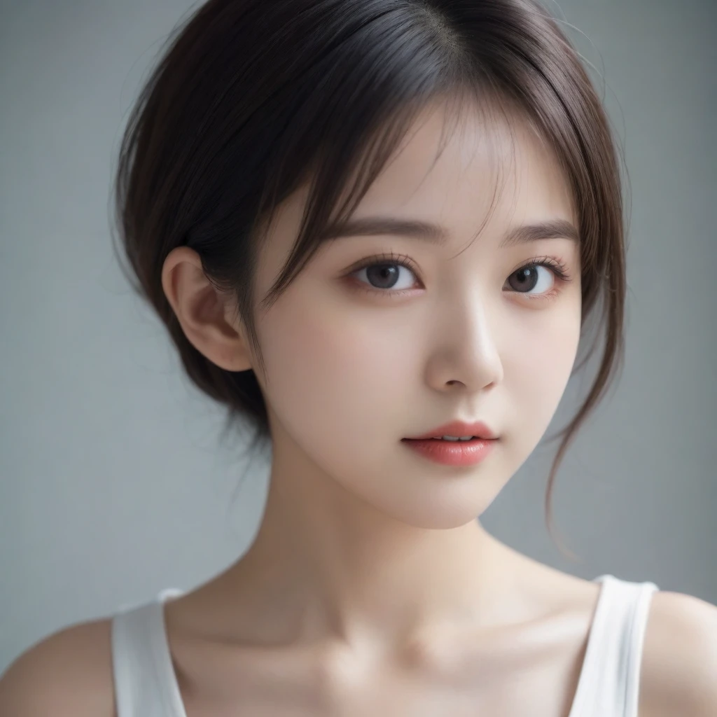 8k, Ultra-high resolution, Highest quality, masterpiece, 三分割法によるphotograph,Surreal, photograph, 1 Girl, (:1.3), pretty girl, Cute Face, Beautiful eyes in every detail, 細かくdetailedに,masterpiece,One Girl:1.2,Japan Female Teachers,extream close up,sad,streaming tears,Black short hair,Messy bun hair,(black suit:1.3),Nun's clothing,(印象派の美しい少女のPortraiture), (Gray background:1.3),(Impressionist light and colour),Dedication to God,Realistic Skin, Perfect and beautiful face ,完璧でCute Face, Skin with attention to detail, Perfect limbs、Narrow waist,Looking at the audience、beauty,Long neck,clavicle,(((Ideal body type))),A cup small breasts :2,Portraiture:2,Perfect Anatomy,鮮明なdetailed,detailed,Surreal,Light and shadow,spotlight
