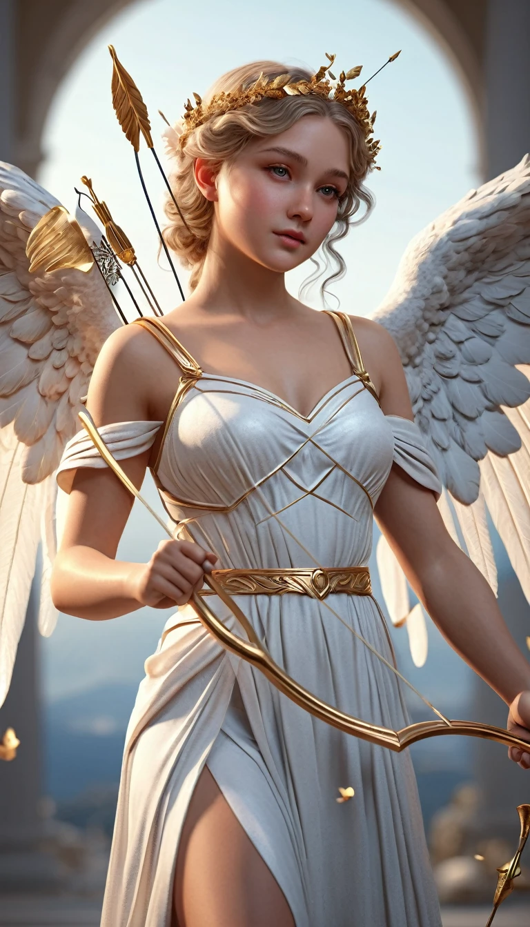 ((Masterpiece, top quality, high resolution)), ((highly detailed CG unified 8K wallpaper)), Cupid holding a bow, arrow tip shaped like a heart, aiming at viewer, full body, fluttering thin robe wrapped around body, angel wings, angel ring, a scene from Greek mythology,