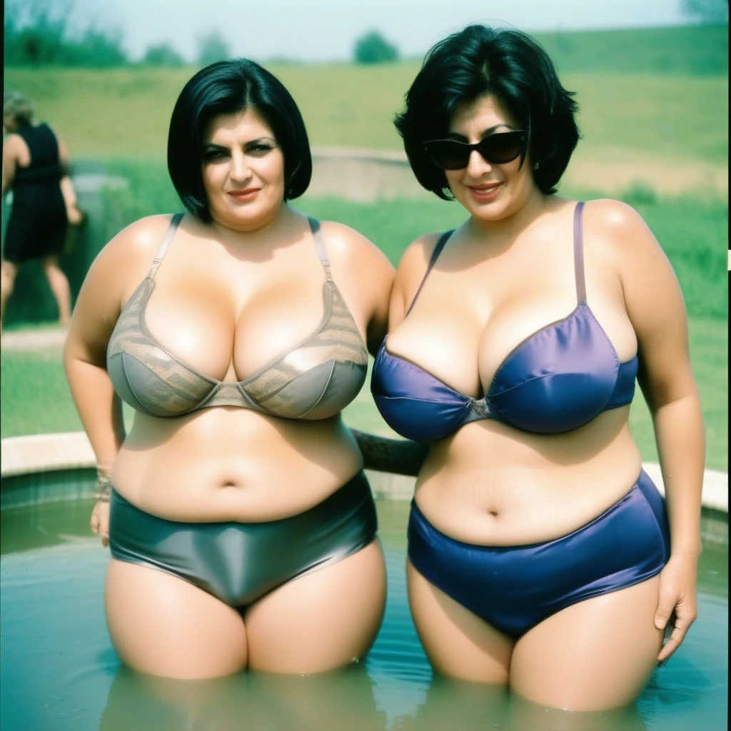 AnalogRedmAF, Polaroid, Two lesbian assyrian mature chubby women kissing each other in a Dirty and muddy swimming pool (Wearing dirty Satin Push Up bra, dirty high waist satin panties), Sweaty and stinky skin, 1998 (large Big Breasts, Busty, bob haircut ), NSFW,