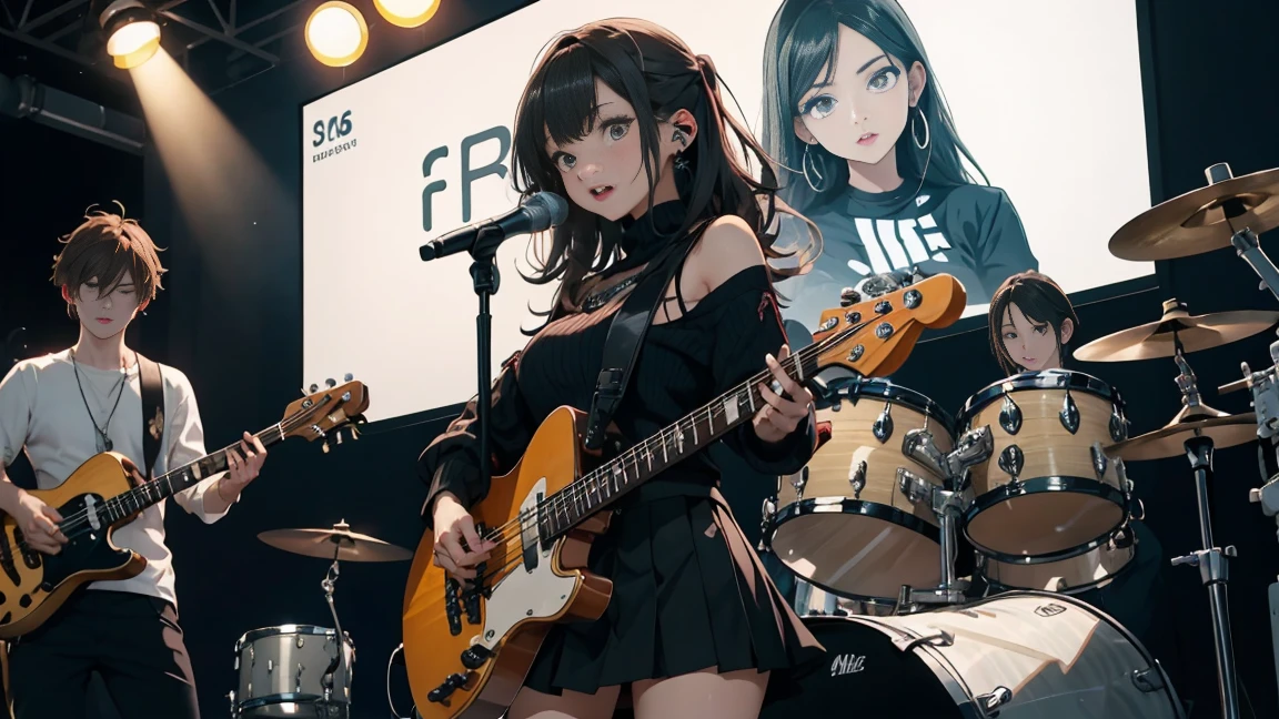 They're performing in a band style.
The girl singing has a guitar and is wearing a miniskirt.
The man next to her is playing the bass.
A little behind her, a girl wearing pants is playing the drums.