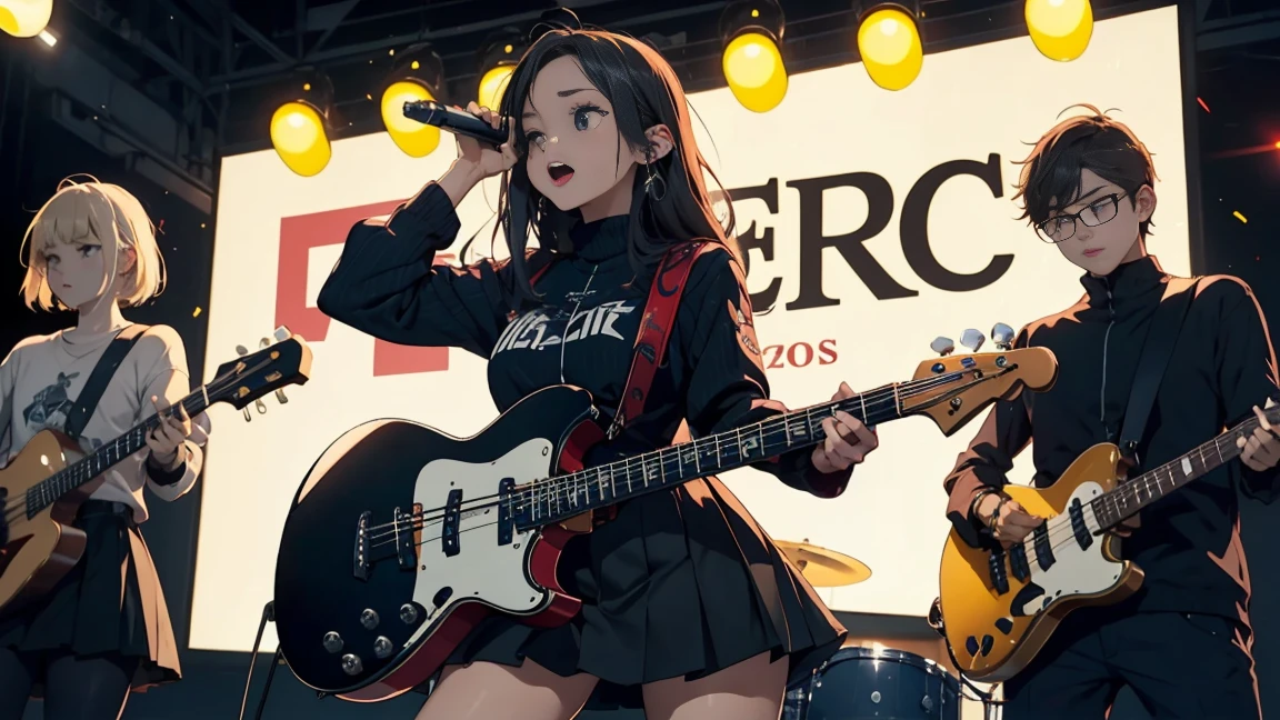 They're performing in a band style.
The girl singing has a guitar and is wearing a miniskirt.
The man next to her is playing the bass.
A little behind her, a girl wearing pants is playing the drums.