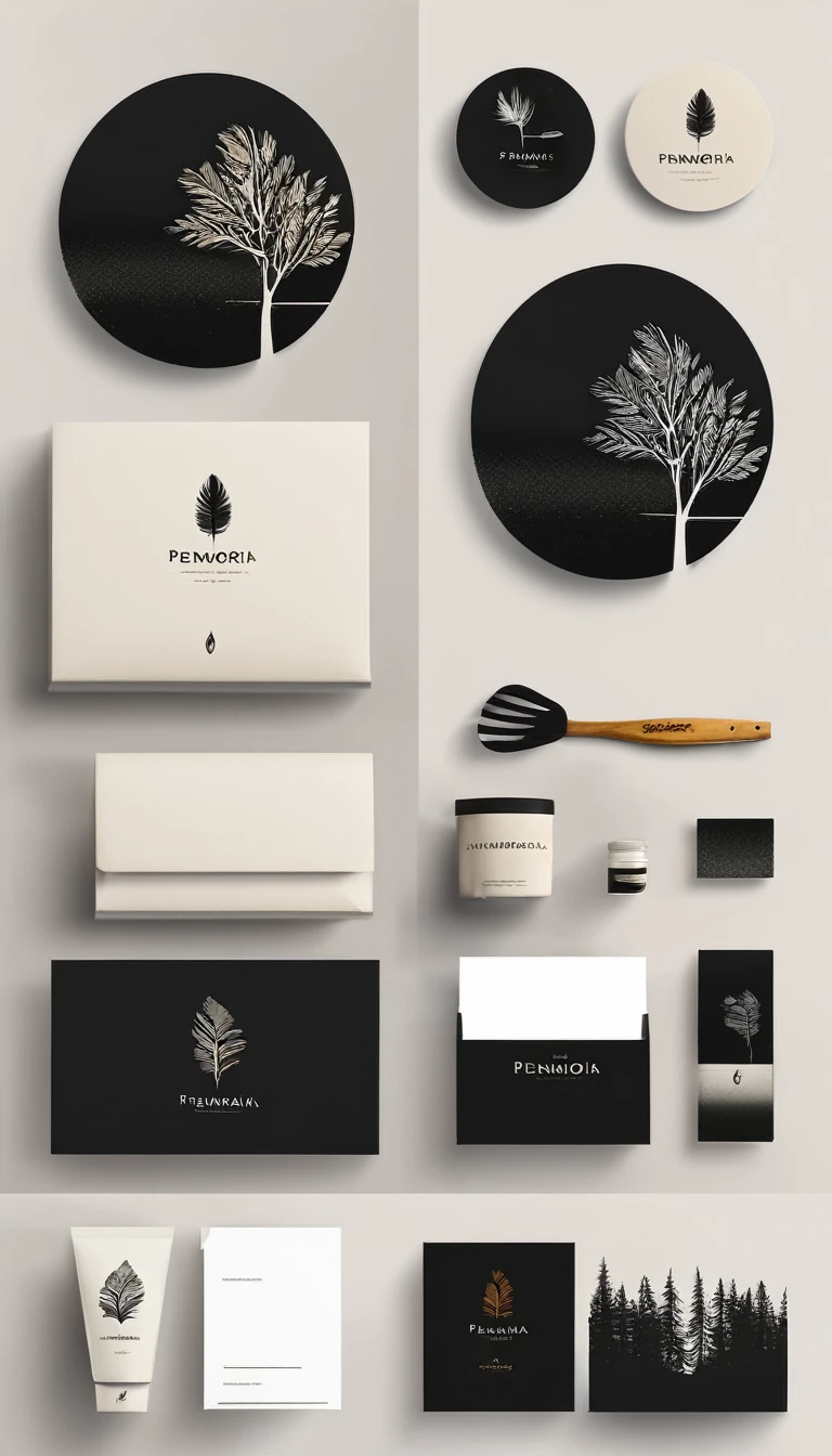 A minimal, modern, simple, cinematic logo design for the brand “Penamemoria". Create a modern, minimalistic, high-quality, logo of a  with a feather, playing acoustic guitar against a tree of memories
