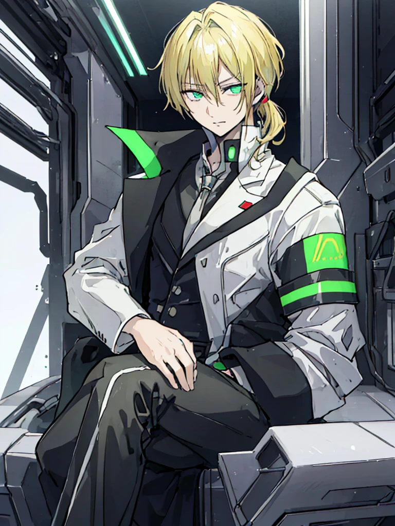 ((masterpiece_portrait)),(pixiv),(ligne_claire),(Cyberpunk),(2010s),(Macross),(Akira Kitamura),(Color Field),cowboy_shot,looking_at_viewer,looking_to_the_side,gray_background,tank_interior,1boys,Spain,soldier,pilot,muscular,pointed_face,
absurdly_short_hair,Blonde_hair,curly_hair,undercut,short_ponytail,green_eyes,glowing_pupils,flat_chest,short_hand,hands_in_pockets,sitting,leaning_back,(joyful_face),biting,crossed_legs,white_shirtf,Black_suit_jacket,Black_capri_pants