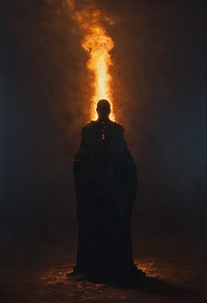 painting of a stands in a circle of fire, night under the stars, performs a ritual. mysterious atmosphere. cinematic scene, volumetric lights, ultra realistic, in the style of nicola samori