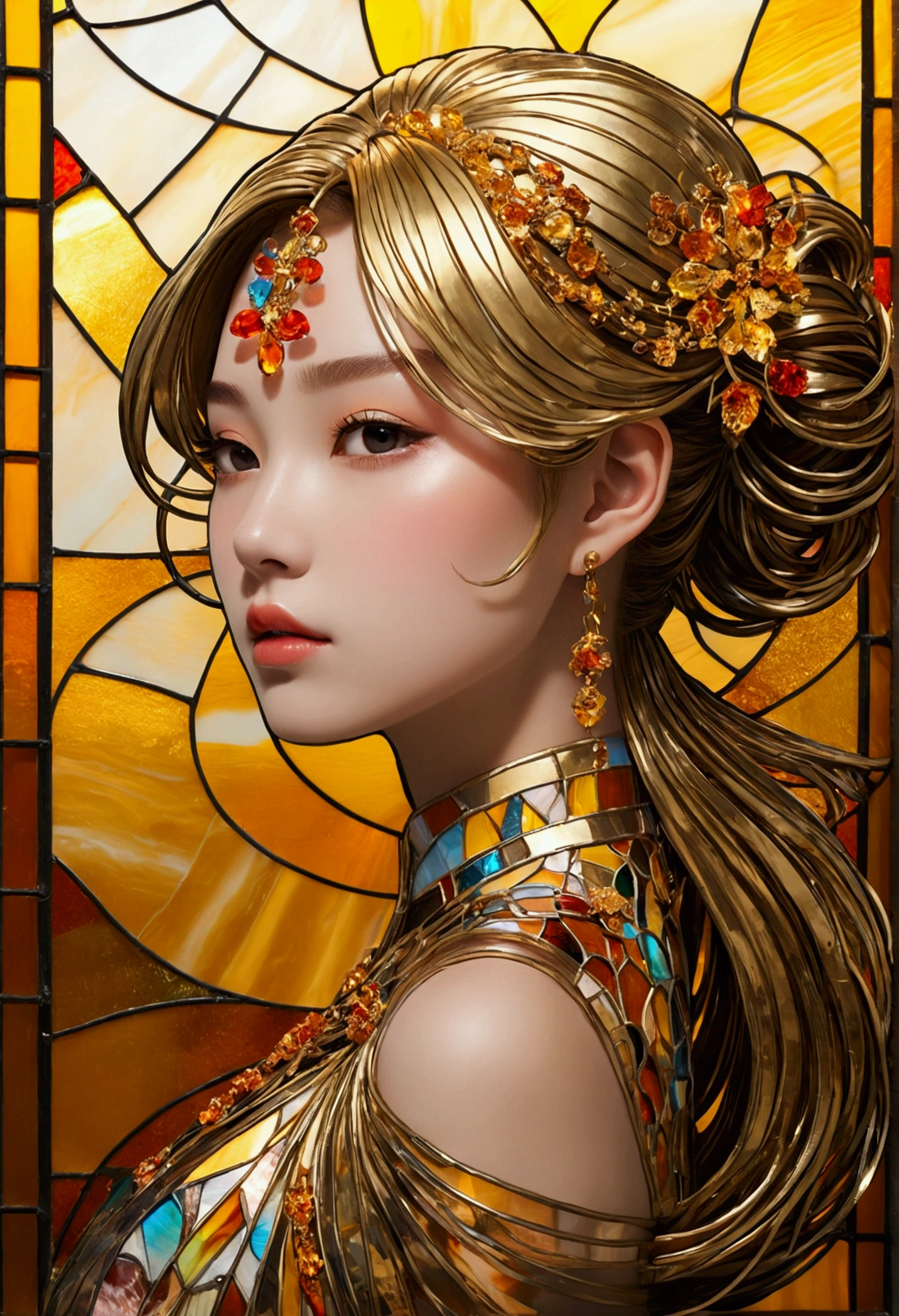 (masterpiece, Highest quality, Highest quality,Official Art, beautifully、Super Gold Hairstyle、aesthetic:1.2),(One girl:1.3), One girl BREAK stained glass art, Colored Glass, Lead wire, Light transmission BREAK Vivid colors, Intricate Design, Glowing effect, Spiritual atmosphere、Background abstract Japanese style、舞い踊る