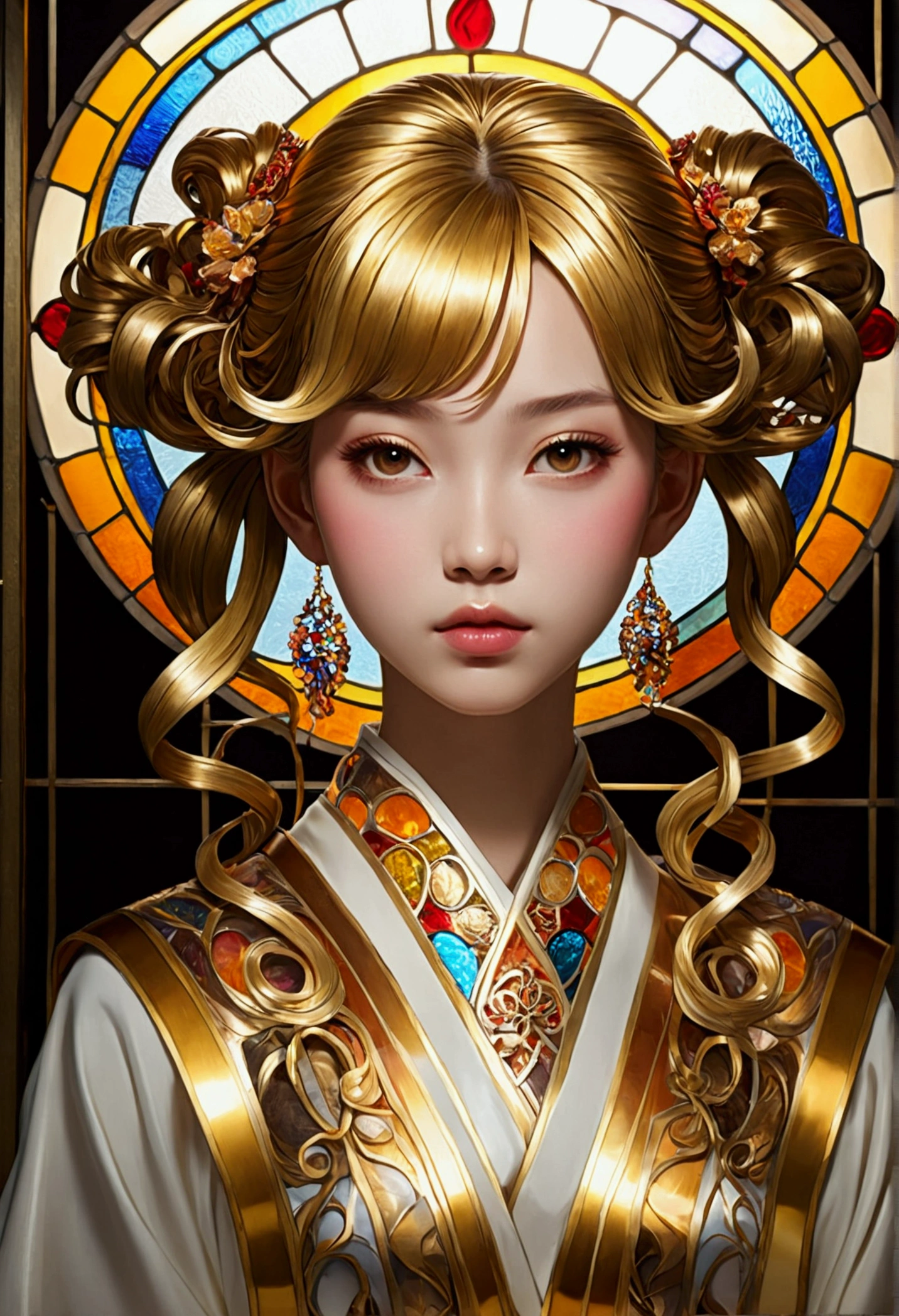 (masterpiece, Highest quality, Highest quality,Official Art, beautifully、Super Gold Hairstyle、aesthetic:1.2),(One girl:1.3), One girl BREAK stained glass art, Colored Glass, Lead wire, Light transmission BREAK Vivid colors, Intricate Design, Glowing effect, Spiritual atmosphere、Background abstract Japanese style、舞い踊る