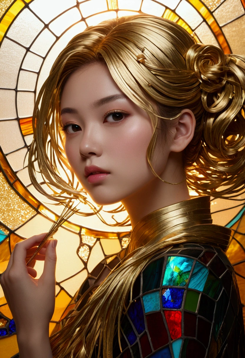 (masterpiece, Highest quality, Highest quality,Official Art, beautifully、Super Gold Hairstyle、aesthetic:1.2),(One girl:1.3), One girl BREAK stained glass art, Colored Glass, Lead wire, Light transmission BREAK Vivid colors, Intricate Design, Glowing effect, Spiritual atmosphere、Background abstract Japanese style、舞い踊る