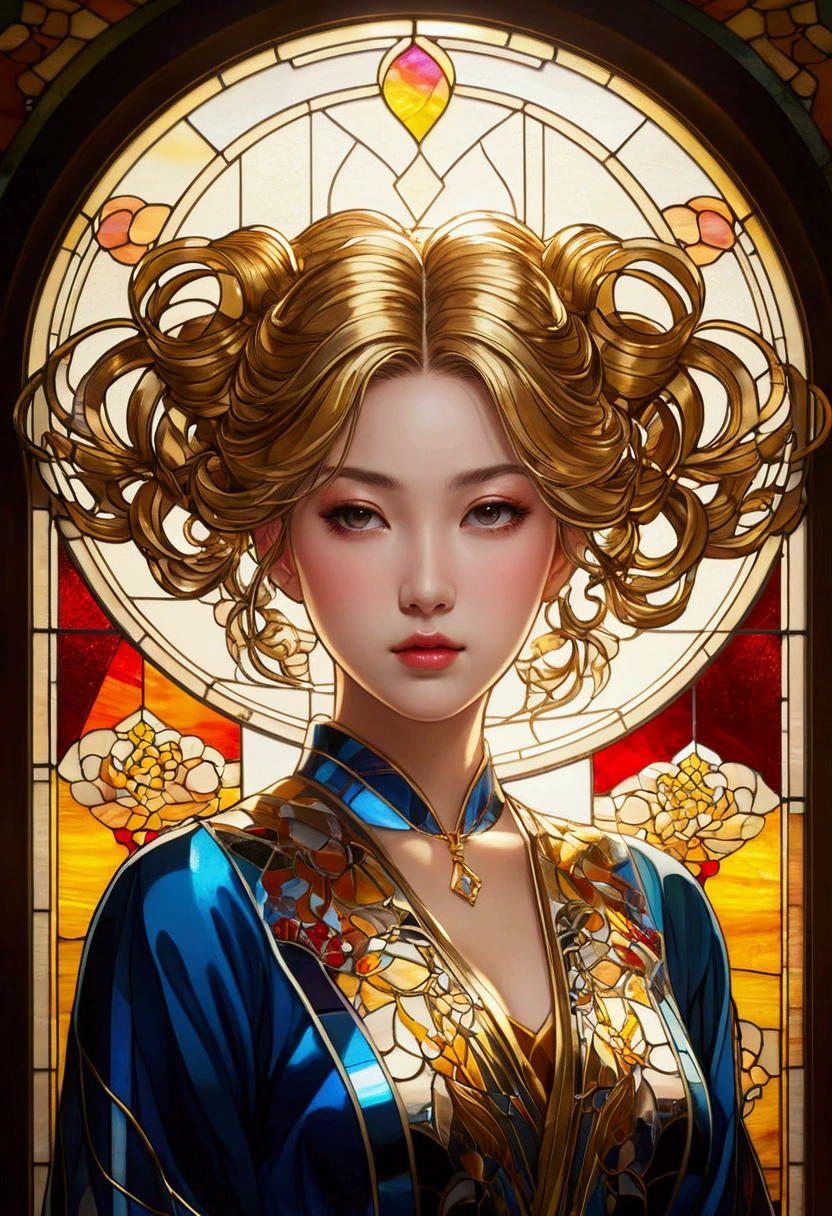 (masterpiece, Highest quality, Highest quality,Official Art, beautifully、Super Gold Hairstyle、aesthetic:1.2),(One girl:1.3), One girl BREAK stained glass art, Colored Glass, Lead wire, Light transmission BREAK Vivid colors, Intricate Design, Glowing effect, Spiritual atmosphere、Background abstract Japanese style、舞い踊る