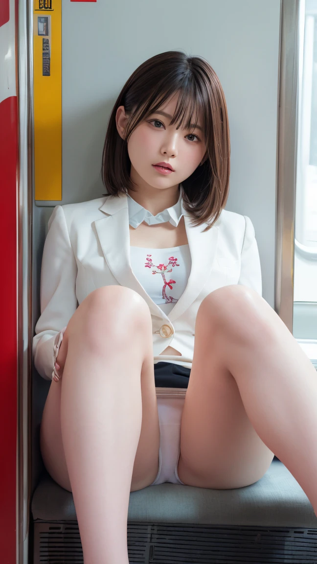 (embroidery seams panty:1.3), (embroidery panty-seams:1.3), (diamond shaped panty-seams:1.3), (panty stitch of diamonds), (panty seam:1.3), (panty suture:1.3), (White-Panty:1.35), (formal suit), Recruitment Suit,,(Professional portrait, Professional Writing) ,masterpiece,最high quality,Realistic,8k,Official Art, Ultra-high resolution, ,,,Medium Hair,(Blonde gradient hair:1.02), 8k,high quality, Super detailed, 最high quality, Very detailed, beautiful , (Professional portrait, Professional Writing) ,masterpiece,最high quality,Realistic,8k,Official Art, Ultra-high resolution,, , , , Medium Hair、Shrine maiden, , , 、(Show off your Cute-Panty from the front:1.2)、Brown Hair、Cheerleader、、, (The background is inside a train:1.03), ,、, ,, , (Half-close your eyes:1.23), Sit with very good posture, , (Focus between legs:1.24), , , sit politely, Align the legs,The seat position is high, flight attendant,