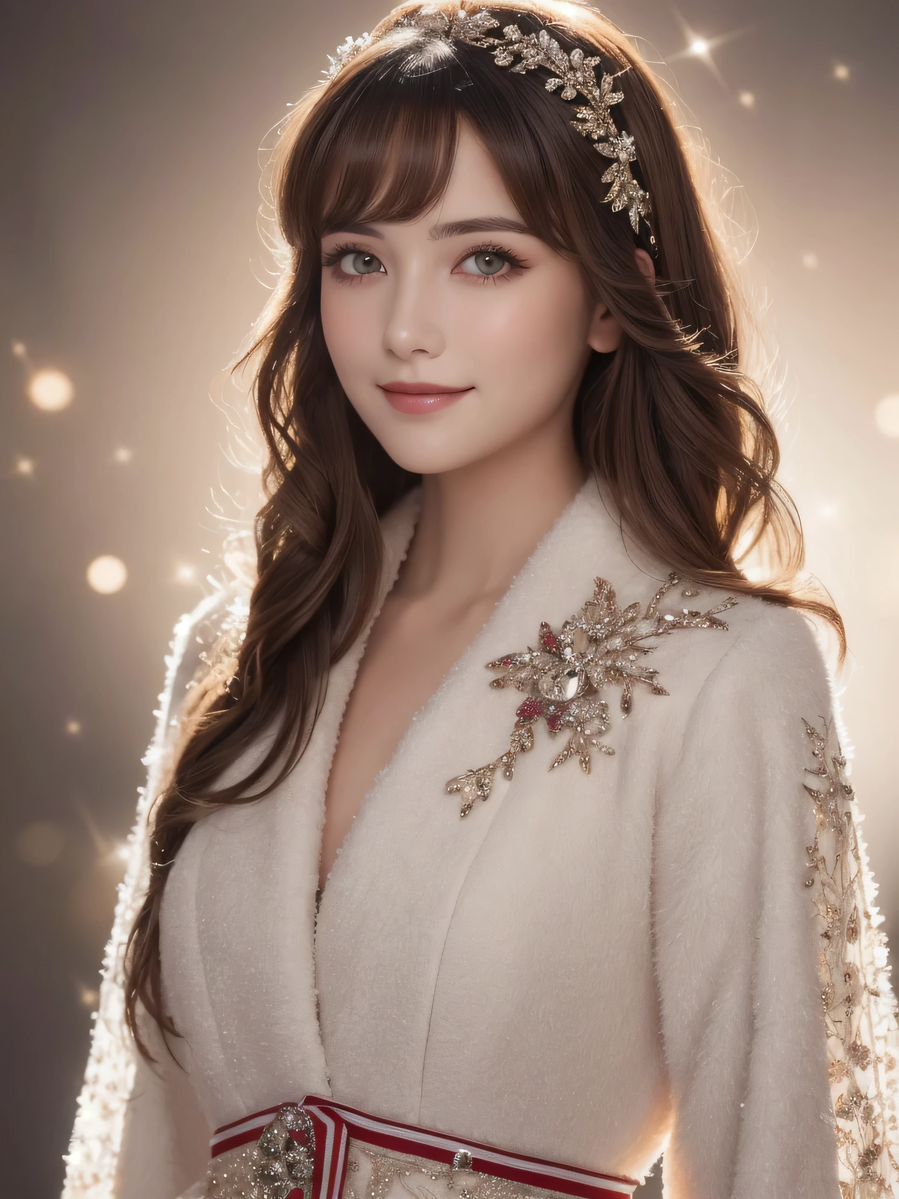 A stunning portrait of Anna Dittman-like beauty, dressed in a fitted red and white dress with fur trim, wide sleeves, and gloves, set against a darker bokeh background. Her long ash-brown hair cascades down her back as she gazes directly at the viewer with a captivating smile (1, 4). Her realistic violet eyes sparkle with intrigue. The focus is sharp, highlighting the intricate details of her outfit, from the delicate patterns to the subtle texture of the fur trim. A stunning example of hyper-detailed close-up photography.