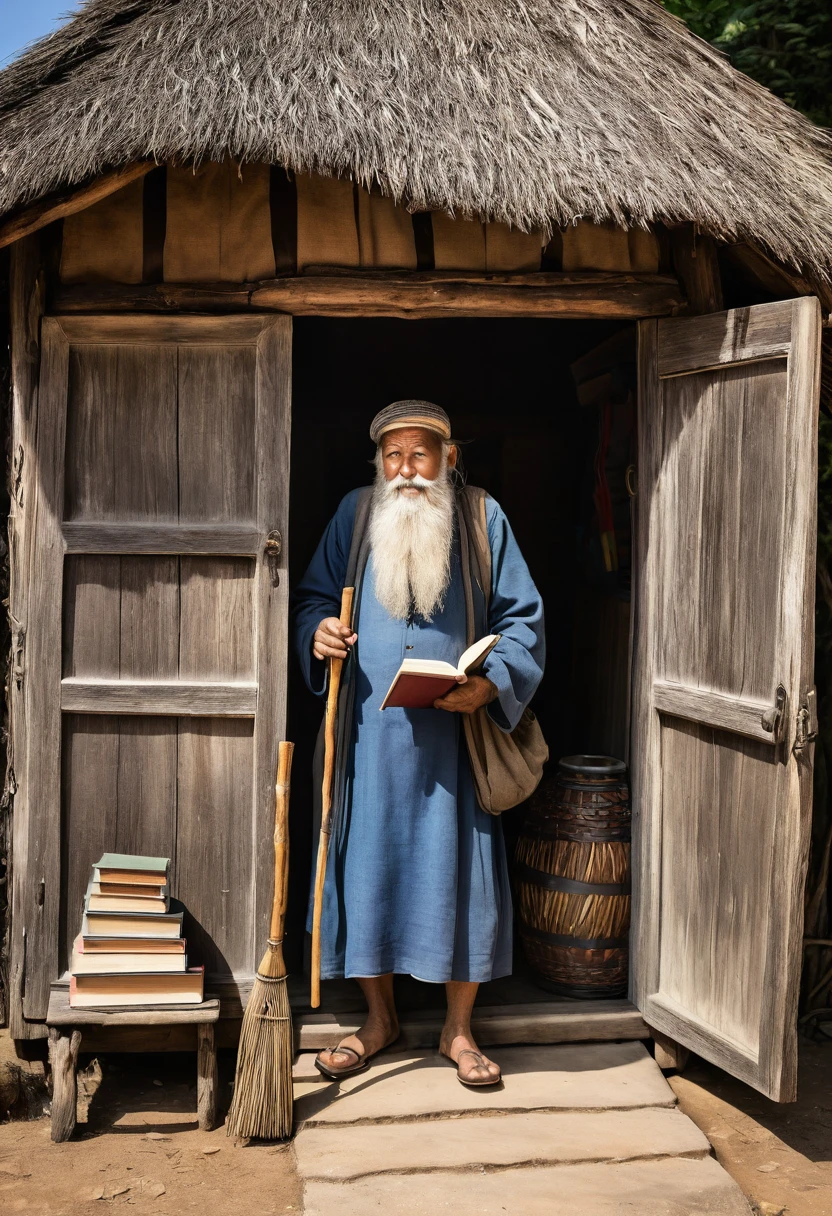 An old, wise man with a long beard, wearing a burner, carrying a stick to lean on, and holding a book in his hand, opens the door of a small hut in which there is a small, old library.
