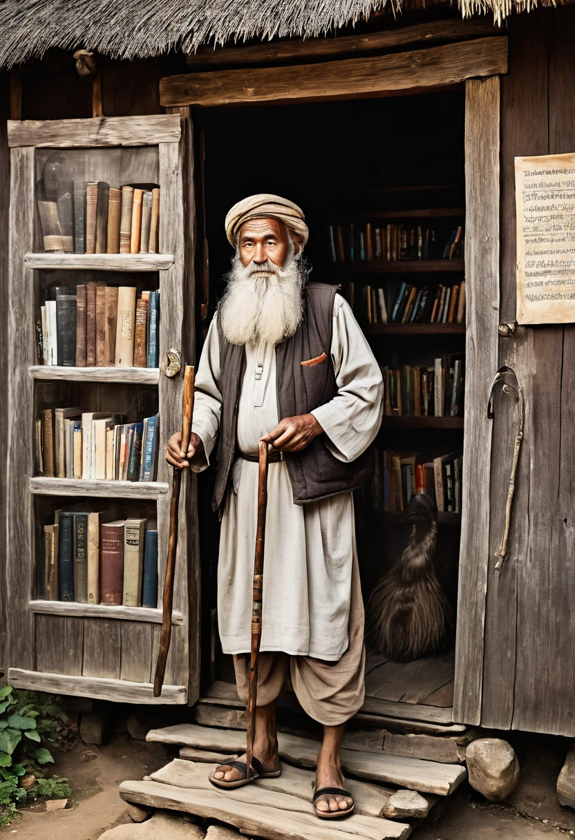 An old, wise man with a long beard, wearing a burner, carrying a stick to lean on, and holding a book in his hand, opens the door of a small hut in which there is a small, old library.