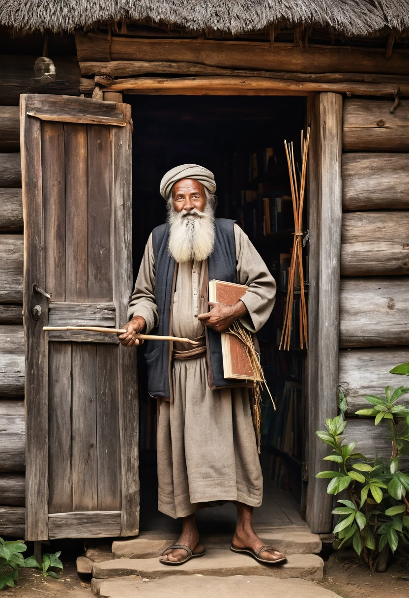 An old, wise man with a long beard, wearing a burner, carrying a stick to lean on, and holding a book in his hand, opens the door of a small hut in which there is a small, old library.