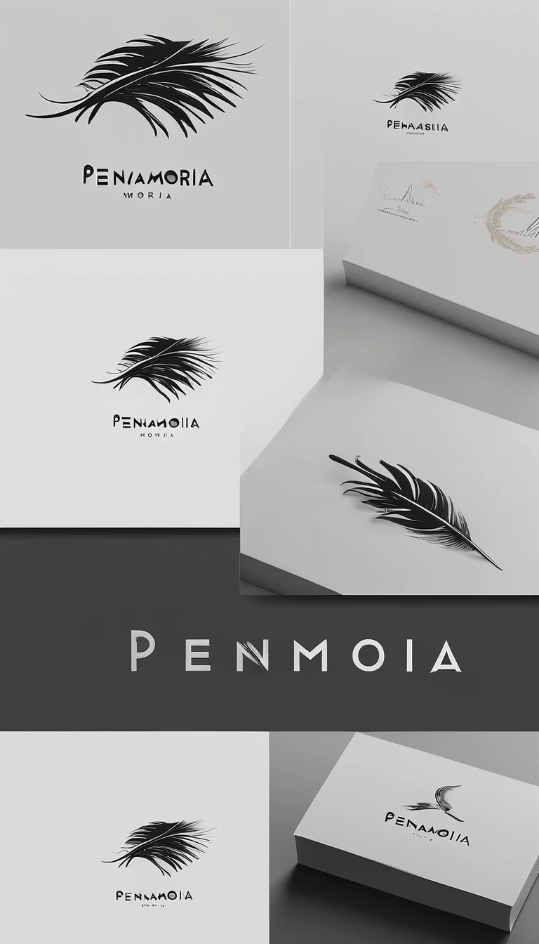 A minimal, modern, simple, cinematic logo design for the brand “Penamemoria". Create a modern, minimalistic, high-quality, logo of a with a feather.