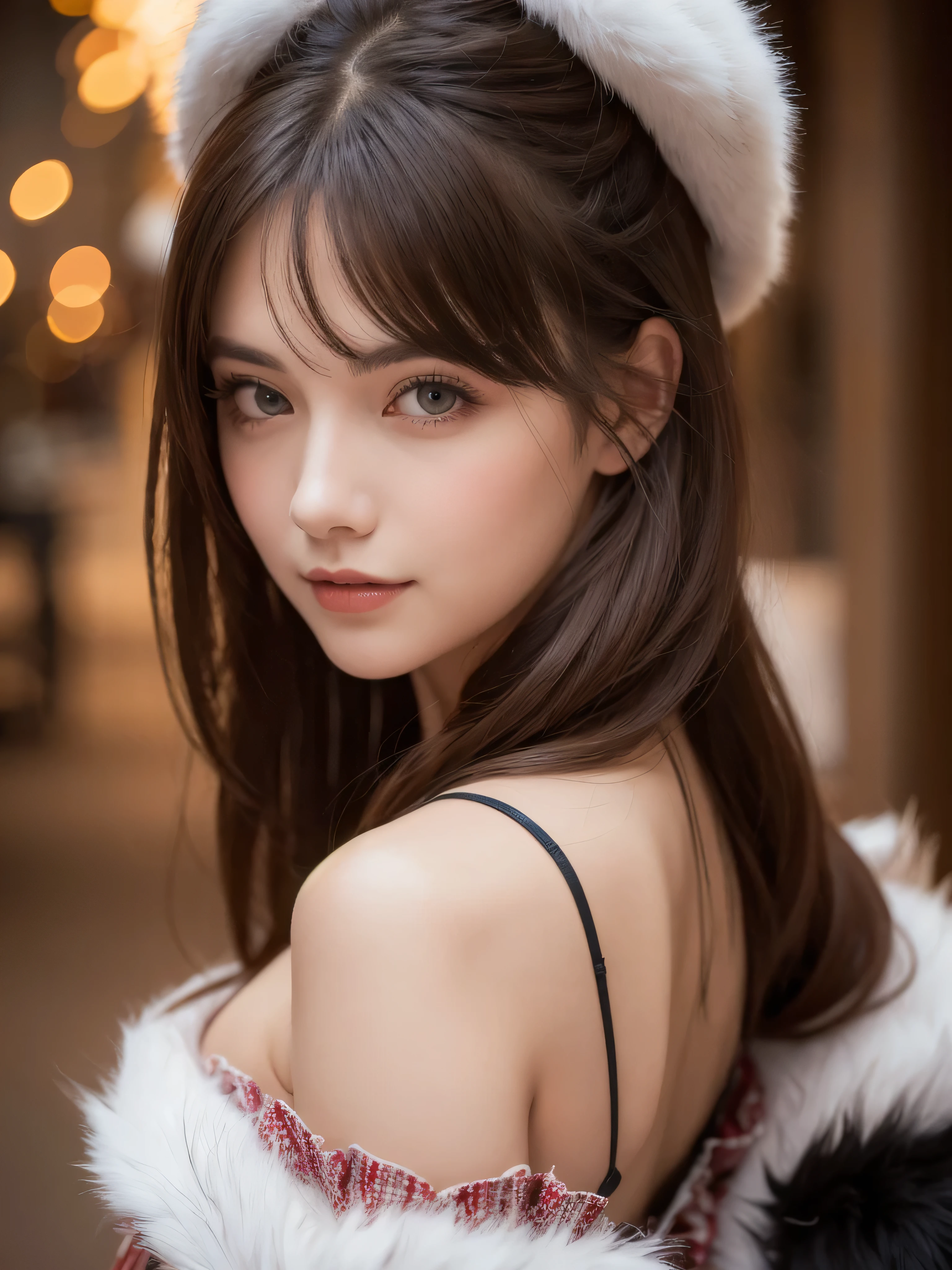 A stunning portrait of Anna Dittman-like beauty, dressed in a fitted red and white dress with fur trim, wide sleeves, and gloves, set against a darker bokeh background. Her long ash-brown hair cascades down her back as she gazes directly at the viewer with a captivating smile (1, 4). Her realistic violet eyes sparkle with intrigue. The focus is sharp, highlighting the intricate details of her outfit, from the delicate patterns to the subtle texture of the fur trim. A stunning example of hyper-detailed close-up photography.latex