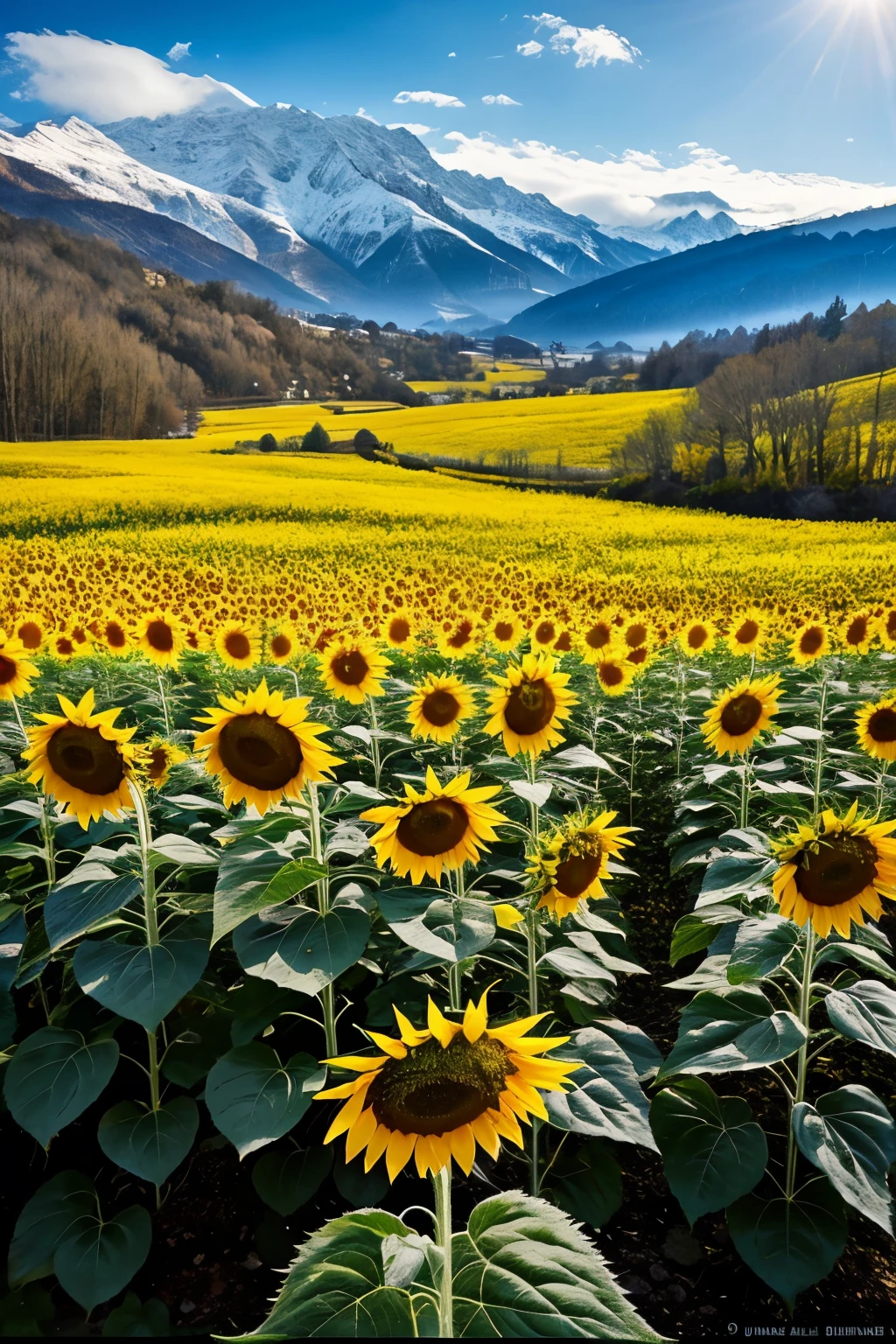 Sunflowers blooming in winter、Fantasy、beautiful、Unreal landscapes、null、It's snowing、Snow is piled up、冬の透き通ったnull気、Morning light