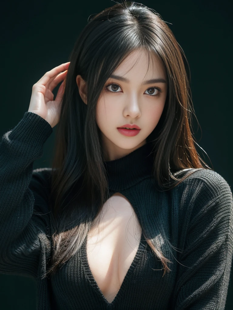 (lifelike,high resolution:1.3), Slim girl, The face shape and eyes are super delicate,Black Hair,Ruddy and shiny lips,(Pretty Face), (best quality), (Very detailed), (Extremely detailed CG unified 8k wallpaper),((Black Sweater)),(Green Background),(cleveage),(Model Photos),Sexy look,big eyes,(permanent),(Air bangs),(Slim waistline)