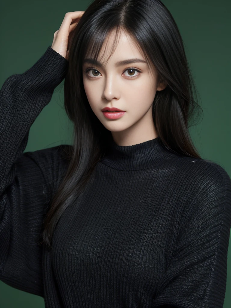 （lifelike,high resolution：1.3）， Slim girl， The face shape and eyes are super delicate,Black Hair,Ruddy and shiny lips,(Pretty Face), (best quality), (Very detailed), (Extremely detailed CG unified 8k wallpaper),((Black Sweater)),(Green Background),(cleveage),(Model Photos),Sexy look,big eyes,(permanent),(Air bangs),(Slim waistline)