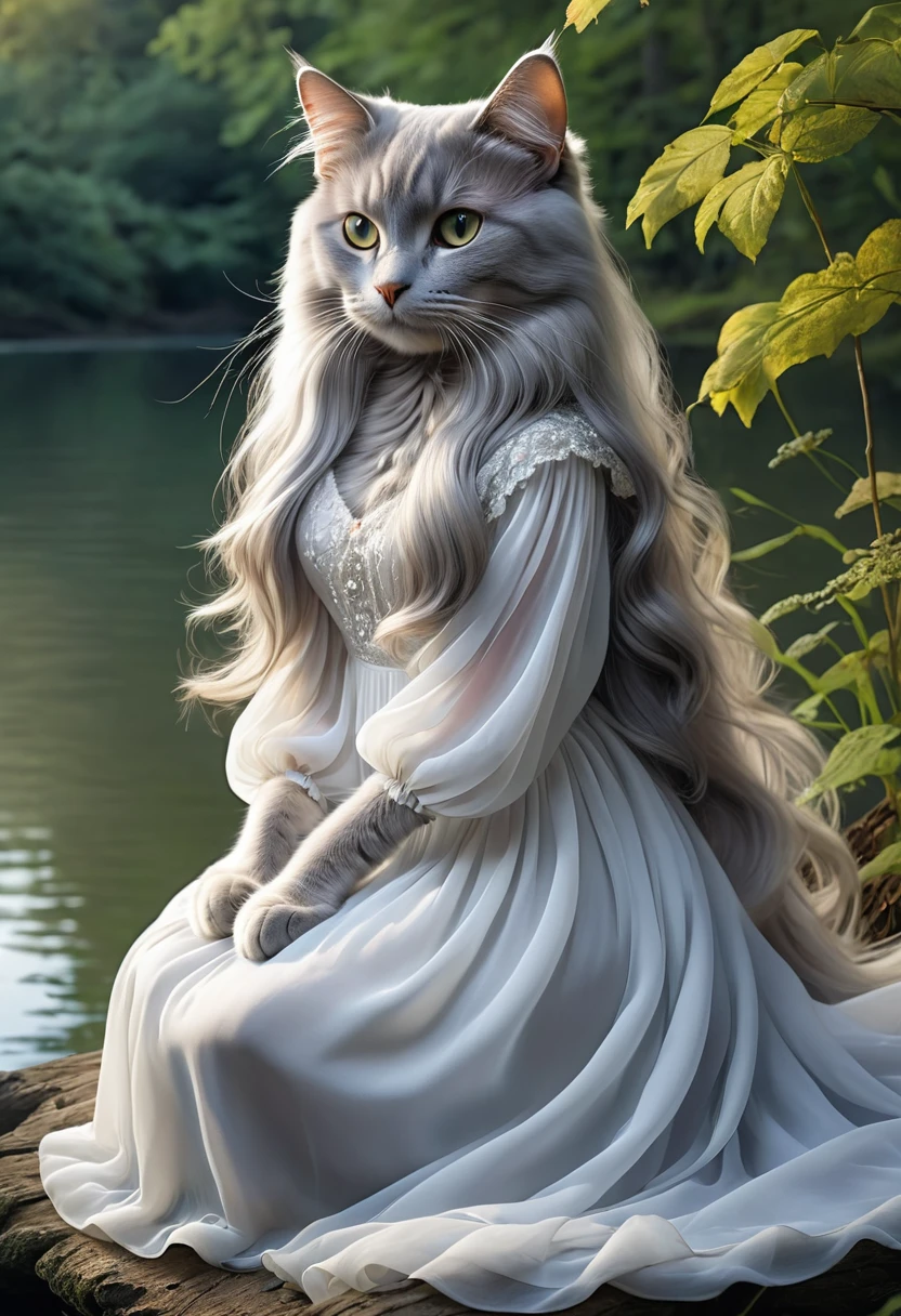 Realistic portrait of a dressed animal - beautiful anthropomorphic long-haired grey cat, Humanoid cats、Silver long hair、青いMelancholyな瞳、Long hair fluttering down her back、Wearing a white chiffon long dress, sitting by the lake in the evening in a mysterious forest、A cat's reflection on the lake surface、The fantastic light of fireflies flying over the water、Highly detailed decorations,, (Melancholy),Golden Hour、Backlight、Dramatic Light(Full body image:1.5)