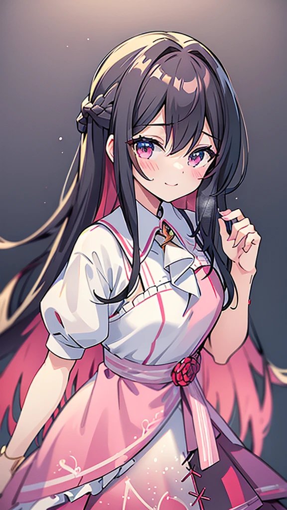 smile、((Put your hands forward))、Adult women、(((masterpiece、Highest quality、high resolution)))、long hair、Pink inner color、Cheerful pose、(((Upper Body)))、piece、blush、