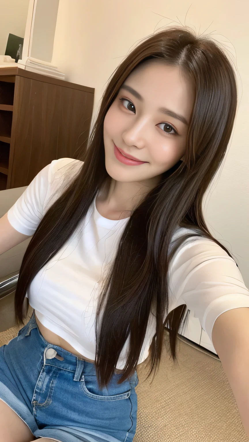 seed:2020674263.((Full body angle:1.1)).((Highest quality, 8k, masterpiece:1.3)), ((from below:1.1)).concentrated:1.2, Perfect body beauty:1.4, Hips:1.2, ((Delicate Hair)), (Vibrant color block short sleeve crop top for women,Shorts :1.1) , ((Highest quality、8k、masterpiece:1.3))、1 Girl、A sloppy smile、Esbian all over body、Slim face、Big 、Beautiful woman、(Dark Brown Hair)、Long Hair、1.1、Flickering Valley、Detailed eyes、double eyelid、Blurred Background、超Slim face、Smile、Looking down、stroll.extreme extreme close-up.cowboy shot