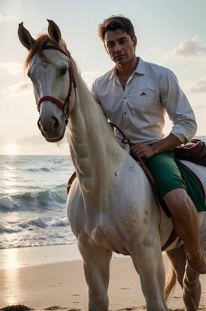 Create an image of a man standing on the left side, holding the reins of a white horse with a red accessory on its head. The person is wearing a green shirt. They appear to be on a beach with light sand, and there is a soft glow that suggests either sunrise or sunset in the background