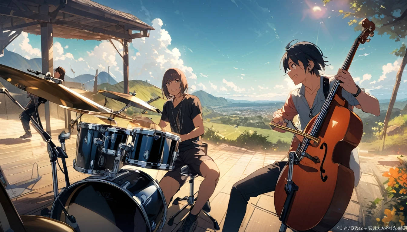 Jazz Bar、drummer、Guitarist、Saxophone player、bassist、landscape