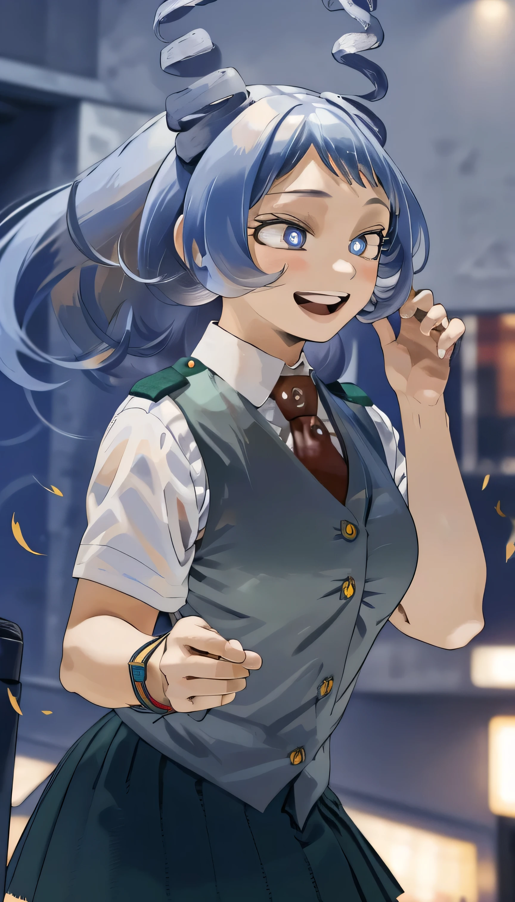 ((absurdres)), (((best Quality))), ((ultra detailed)), ((illustration)), full resolution, hdr, 8k, 16k, (Masterpiece, Best quality:1.4), (Beautiful, Aesthetic, Perfect, Intricate:1.2), (ultra resolution:1.2), (ultra detailed), 1girl, nejire hado, periwinkle hair, drill hair, hair horns, bangs, blue eyes, white shirt, BREAK, seifuku, uniform, grey vest, green skirt, red tie, red necktie, ((upper body)), studio lighting, (((medium breasts))), ((happy)) 