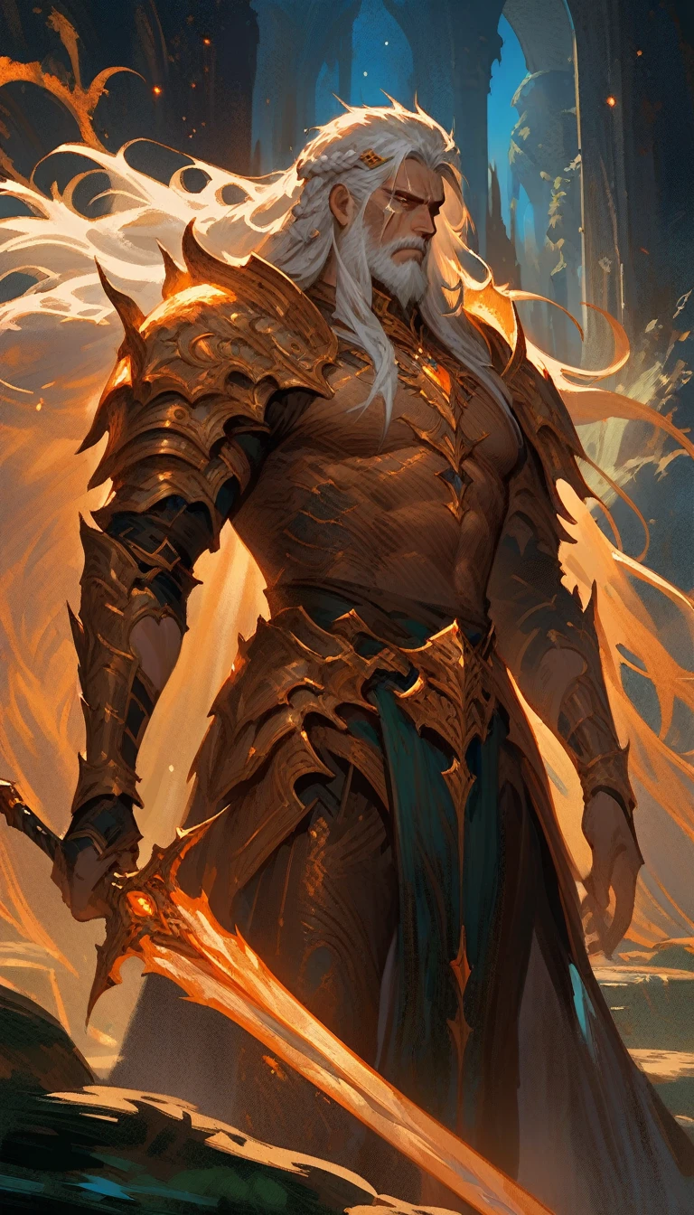 ((best quality)) , ((masterpiece)) , (detailed),weapon, armor, holding, long hair, facial hair, glowing eyes, 1boy, male focus, holding weapon, glowing, sword, outdoors, helmet, braid, teeth, fire, shoulder armor, pants, grey hair, beard, bangs, holding sword, muscular male, white hair,(((ethereal fantasy concept art , Suffering . magnificent, celestial, ethereal, painterly, epic, majestic, magical, fantasy art, cover art, dreamy)))