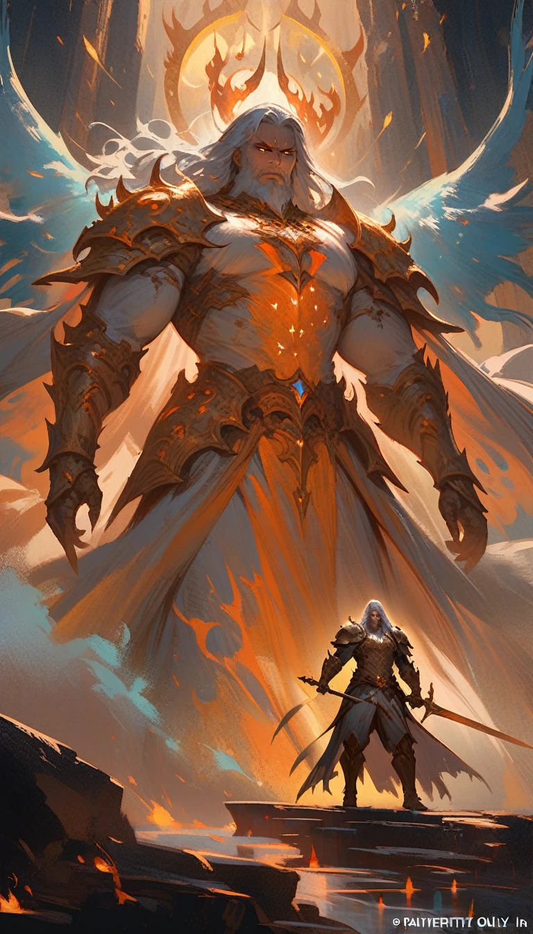 ((best quality)) , ((masterpiece)) , (detailed),weapon, armor, holding, long hair, facial hair, glowing eyes, 1boy, male focus, holding weapon, glowing, sword, outdoors, helmet, braid, teeth, fire, shoulder armor, pants, grey hair, beard, bangs, holding sword, muscular male, white hair,(((ethereal fantasy concept art , Suffering . magnificent, celestial, ethereal, painterly, epic, majestic, magical, fantasy art, cover art, dreamy)))